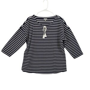 T by Talbots Striped Boatneck Tassel 3/4 Sleeve Top Womens Large Nautical Preppy